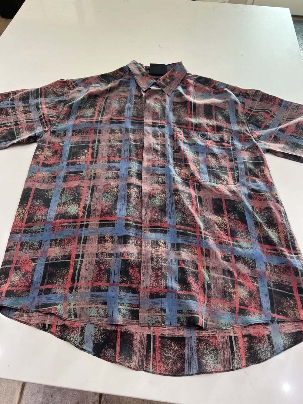Vintage Colore Italia 100% Silk Abstract Plaid Short Sleeve Button Down Shirt M